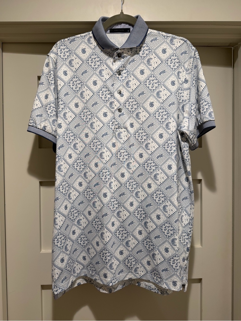 Greyson Golf Polo Men’s M White Blue Paisley Geometric Performance